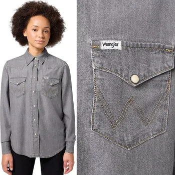 Dámská košile Wrangler dámská košile s dlouhým rukávem, šedá, bez vzoru, střih Regular Shirt, velikost XS