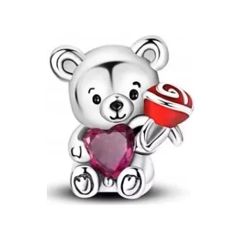 Přívěsek Přívěsek medvídek se srdcem a růží, zirkon, korálek, stříbrný stříbro 925