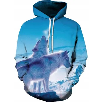 Pánská mikina Pánská mikina s kapucí VLK, Motiv Dva Vlci 3D Potisk - XXL