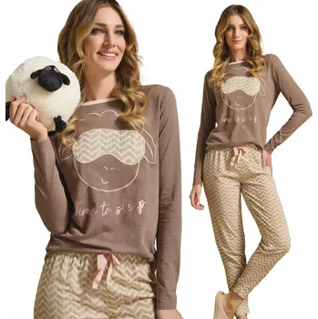 Dámské pyžamo Roztomilé dlouhé bavlněné dámské pyžamo s ovečkami Deborah Hnědá XL