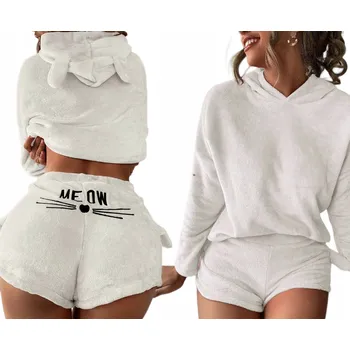 Dámské noční prádlo Teplé dámské pyžamo dvoudílné S Kapucí měkké plyšové Meow L béžové