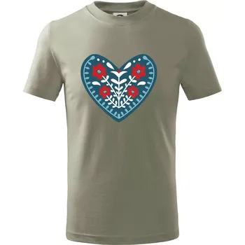Folklor - srdce modré plné - Tričko dětské bavlněné - 98 cm / 2 roky ( Light khaki )