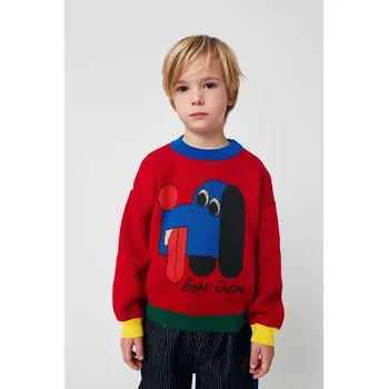 Dětská móda Dětský bavlněný svetr Bobo Choses Doggy Mate 225AC111 červená 33X, vel. 149/155