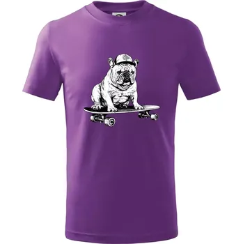 Černobílý buldok na skateboardu - Tričko dětské bavlněné - 134 cm/8 let ( Fialová )