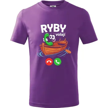 Karikatura ryby volají - Tričko dětské bavlněné - 134 cm/8 let ( Fialová )
