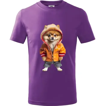 Pomeranian v bundě - Tričko dětské bavlněné - 158 cm/12 let ( Fialová )