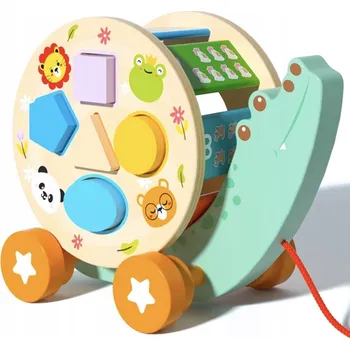 Dřevěná hračka DREWNIANY SORTER KROKODYL DO CIĄGANIA MLÝNEK NA KOLEČKÁCH TVARY ČÍSLICE