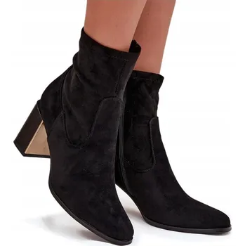 Dámská zimní obuv DÁMSKÉ KOTNÍKOVÉ BOTY EKO SEMIŠ PODPATEK BLOK S ZRCADLOVÝM PRVKEM ČERNÉ 40