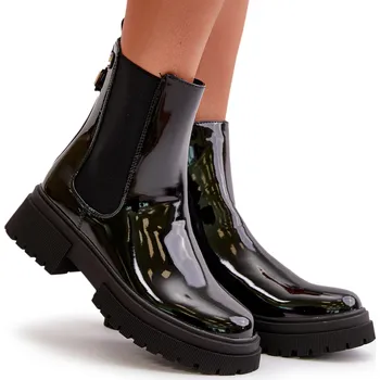 Dámská zimní obuv KOTNÍKOVÉ BOTY DÁMSKÉ CHELSEA LAKOVANÉ NA ZIP ČERNÉ 36