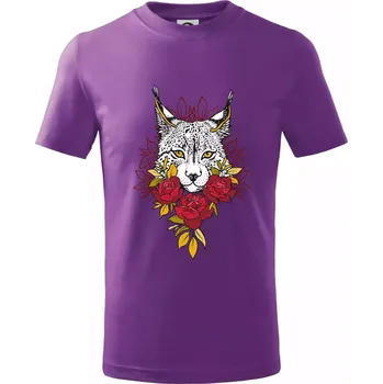 Rys s červenými růžemi (Pecka design) - Tričko dětské bavlněné - 104-110cm / 3-4 roky ( Fialová )