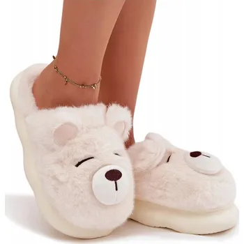 Dámské pantofle PANTOFLE DÁMSKÉ KOŽÍŠKOVÉ S MOTIVEM MEDVÍDKA NA SILNÉ BÍLÉ PODRÁŽCE 38/39