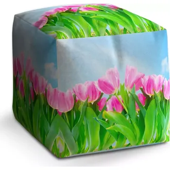 Taburet Sablio Taburet Cube Růžové tulipány: 40x40x40 cm