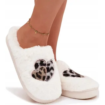 Dámské pantofle DÁMSKÉ ZATEPLENÉ PANTOFLE TEPLÉ POHODLNÉ S SRDÍČKY BÍLÉ 38/39