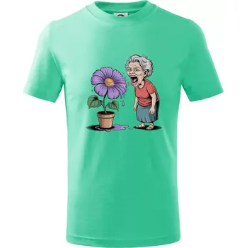 Stará paní plive na fialu - Tričko dětské bavlněné - 98 cm / 2 roky ( Mátová )