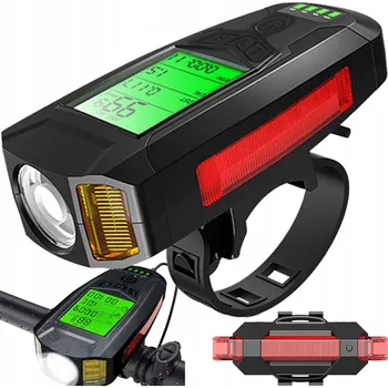 Cyklosvítilna PŘEDNÍ A ZADNÍ LED SVĚTLO NA KOLO S CYKLOCOMPUTEREM, USB, ZVONKEM A KLAKSONEM