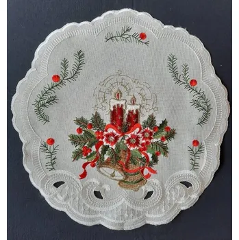 Vánoce UBRUS vyšívaný prům. 30cm vánoční svíčka zvonek