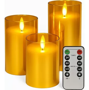 Svíčka Nakida BK 543 – sada 3 LED svíček s realistickým plamínkem, dálkové ovládání, časovač a teplé světlo (gold) (LED svíčky | bezplamenné | sada 3 ks | dálkové ovládání | časovač 2h/4h/6h/8h | stmívání | teplé světlo | 3D plamínek | bezpečné svíčky | dekorace