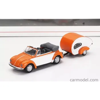 autíčko Schuco Volkswagen Beetle Cabriolet With Caravan Trailer 1960 1:87 Oranžová Bílá