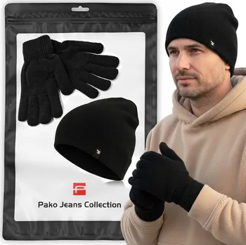 Čepice ČEPICE Beanie a Rukavice Pletená Sada Pro Muže ČERNÁ Pako Jeans