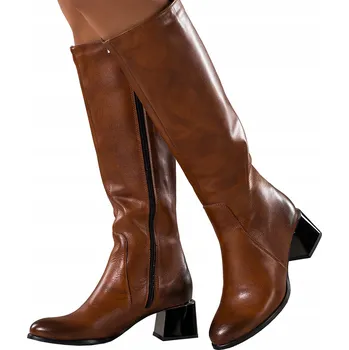 Dámské kozačky KOZAČKY Hnědé KOŽENÉ Dámské Pohodlné Před Koleno Nízký Klobouk vel. 39