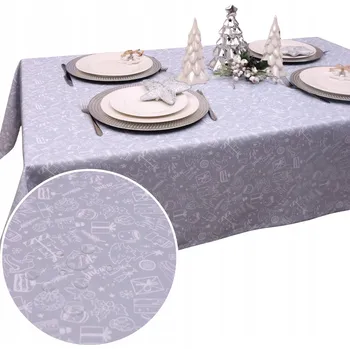 ubrus Obrus Świąteczny BN25 – Šedý ubrus odolný proti skvrnám 220x140 cm s vánočním motivem