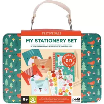 Dřevěná hračka Petit Collage Kreativní kufřík zelený Dopisní souprava se zvířátky - poškozená kovová krabička