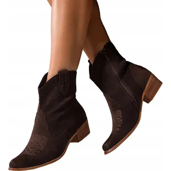 Dámské kozačky KOTNÍKOVÉ BOTY Čokoládové Dámské POHODLNÉ Kovbojské Boty KOŽENÁ VLOŽKA Semišové vel. 38