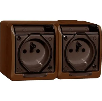 Elektrická zásuvka Dvojitá zásuvka Hermes vodotěsná hnědá s uzemněním IP44
