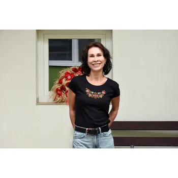 Dámské triko s lidovým motivem Klásek Barva: černá, Velikost: 2XL, Barva výšivky: barevná