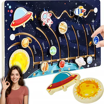 Dřevěná hračka DŘEVĚNÉ MONTESSORI PUZZLE SLUNEČNÍ SOUSTAVA LABYRINT PLANETY A RAKETA