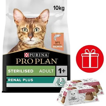 Pro kočku Pro Plan Cat Sterilised Renal Plus s lososem 10 kg + Gourmet Revelations kuře 8 × 57 g