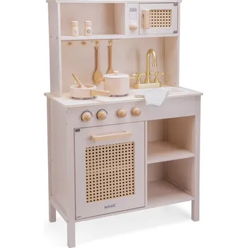 Dětská kuchyňka NEW CLASSIC TOYS DŘEVĚNÁ KUCHYŇKA Z RATANU RŮŽOVÁ