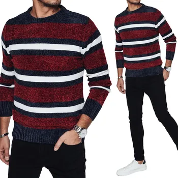 Pánský svetr KLASICKÝ PÁNSKÝ SVETR S PRUHY BORDOVÝ WX2264 - L