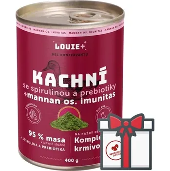 Krmivo pro psa Louie konzerva kachní se spirulinou a prebiotiky SET 4x 400 g + Louie vývar 400 g ZDARMA