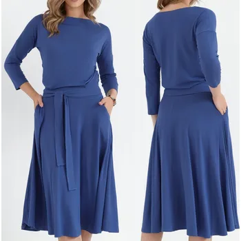 Dámské šaty STYLOVÉ ELEGANTNÍ ŠATY MIDI ROZŠÍŘENÉ S PÁSKEM MODRÉ 38 M