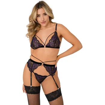 Dámská erotická souprava Daring Intimates 3PC Lace Bra, Panty & Garter Set (Purple), krajková 3dílná souprava S/M