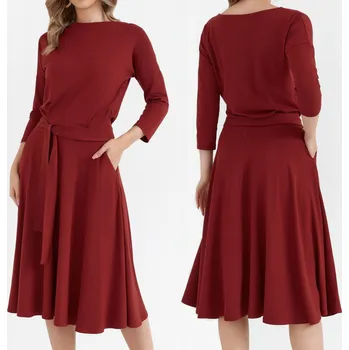 Dámské šaty STYLOVÉ ŽENSKÉ ŠATY MIDI ROZŠÍŘENÉ S PÁSKEM BORDOVÉ 42 XL