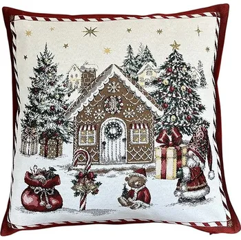 Povlečení Home of Christmas Žakárový vánoční povlak na polštář s motivem Perníková chaloupka 50 × 50 cm