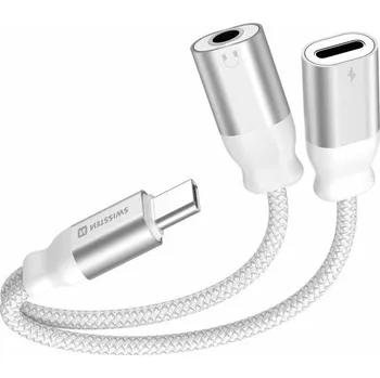 Datový kabel Swissten nabíjecí audio adaptértextile usb-c (samec) / usb-c (samice) a 3,5mm aux 0,12 m bílý