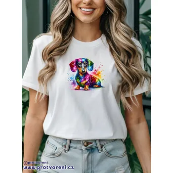 Dámské tričko Trička s potiskem Tričko s potiskem, JEZEVČÍK s flitry v barvách, 1 ks zvolte VELIKOST textilu ZDE:: XS - velikost typ Beagle