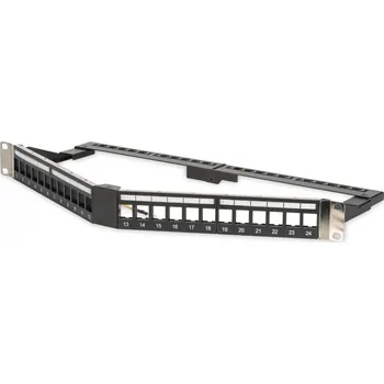 Patch panel 19" úhlový patch panel 24x keystone, stíněný, 1U, černý, správa kabelů, pole pro štítky