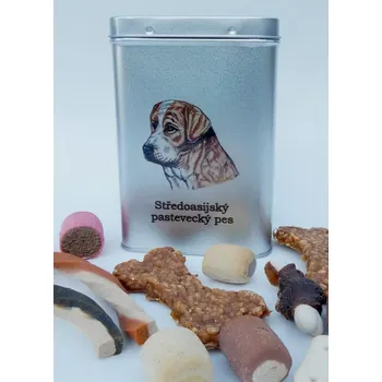 Chovatelství Středoasiat - plechová dóza s pamlsky pro psy (30 kusů pamlsků)