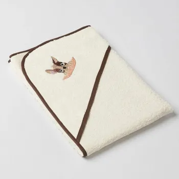 Dětská osuška Veba s kapucí jasmínová s výšivkou Zvědavý pejsek tmavá hnědá lemovka Varianta: 75x75cm