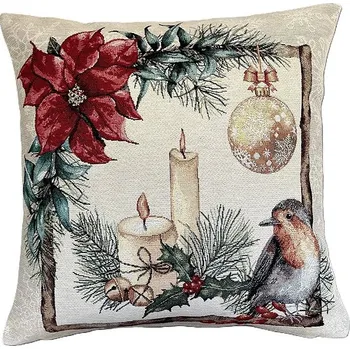 Povlečení Home of Christmas Gobelínový vánoční povlak na polštář s motivem Ptáček na větvi 45 × 45 cm