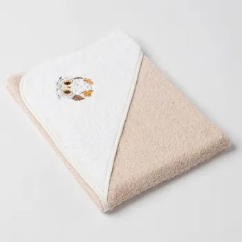 Dětská osuška Veba s kapucí béžovo/bílá s výšivkou Moudrá sovička natur lemovka Varianta: 75x75cm