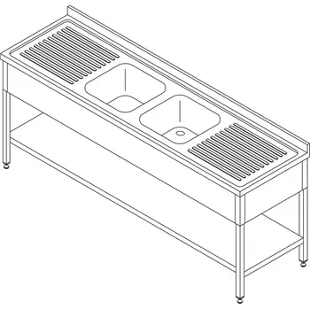 Jídelní stůl Maxima Stůl na mytí nádobí - 2 dřezy - se zadní stěnou a policí - 210 x 70 cm | 09394091