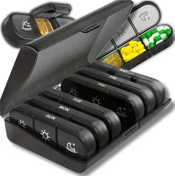 Lékárnička Camerazar Organizátor léků na 7 dní – černá kazeta na tabletky s oddělenými přihrádkami