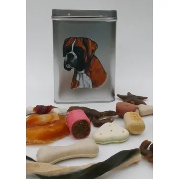 Chovatelství Boxer zlatý - plechová dóza s pamlsky pro psy (30 kusů pamlsků)