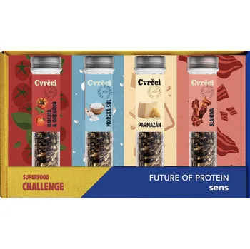 Sušené maso Sens Křupaví cvrčci pro gurmány, dárkový set 4 chutí Pražení cvrčci ve čtyřech příchutích v dárkovém balení