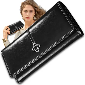 Peněženka Velká elegantní dámská peněženka, černá ekologická umělá kůže, 14 přihrádek, rozměry 19.5x10x4 cm